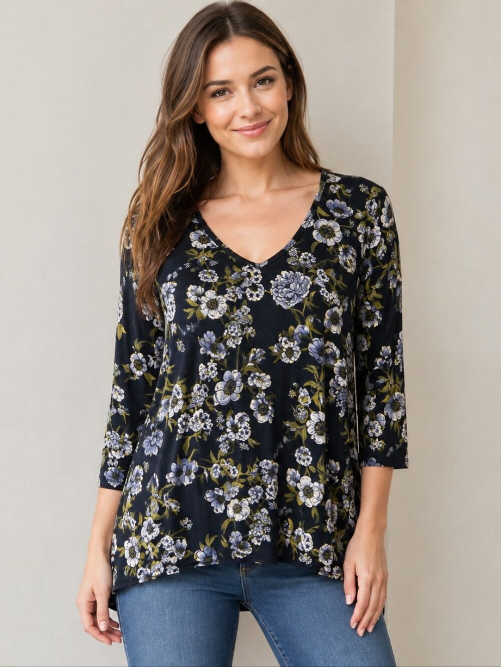 J Jill Medium Petite Floral V Neck Tunic Top Blue White 3/4 Sleeve Boho Stretch